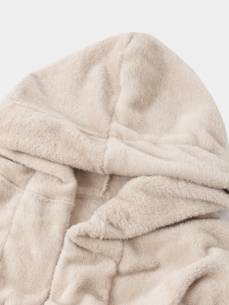 Warmer Herren-Bademantel aus einfarbigem Flanell mit Kapuze und Schnürverschluss