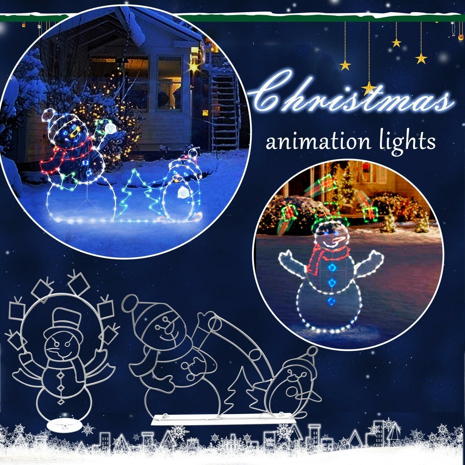 Fun Animated Snowball Fight Light String Frame - Christmas Outdoor Garden Decor, Holiday Party Glowing Sign