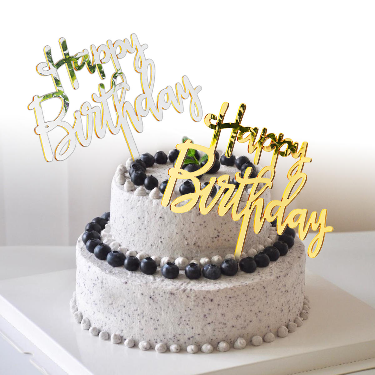 Gold & Silver Acrylic Mirror Happy Birthday Cake Topper Decorations