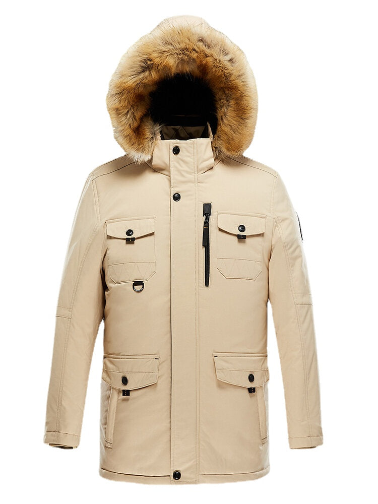 Men's Windproof Warm Mid-Length Coat with Faux Fur Collar and Multiple Pockets