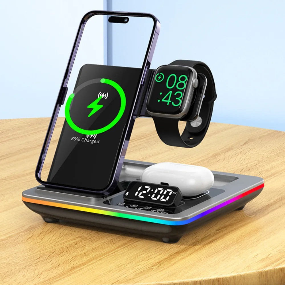 5-in-1 15W RGB Wireless Charger & Alarm Clock for iPhone, Xiaomi, Huawei, AirPods, Apple Watch