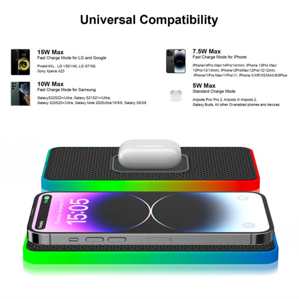 RGB Fast Wireless Charger - 15W/10W/7.5W/5W with 1M Cable for Qi-Enabled Devices