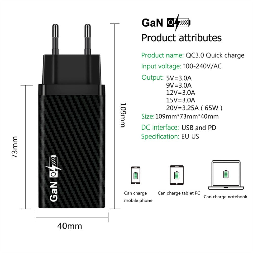 GaN Tech PD65W Fast Charger, 2-Port USB-C+USB-A, EU Plug for iPhone, Huawei, Samsung, Xiaomi