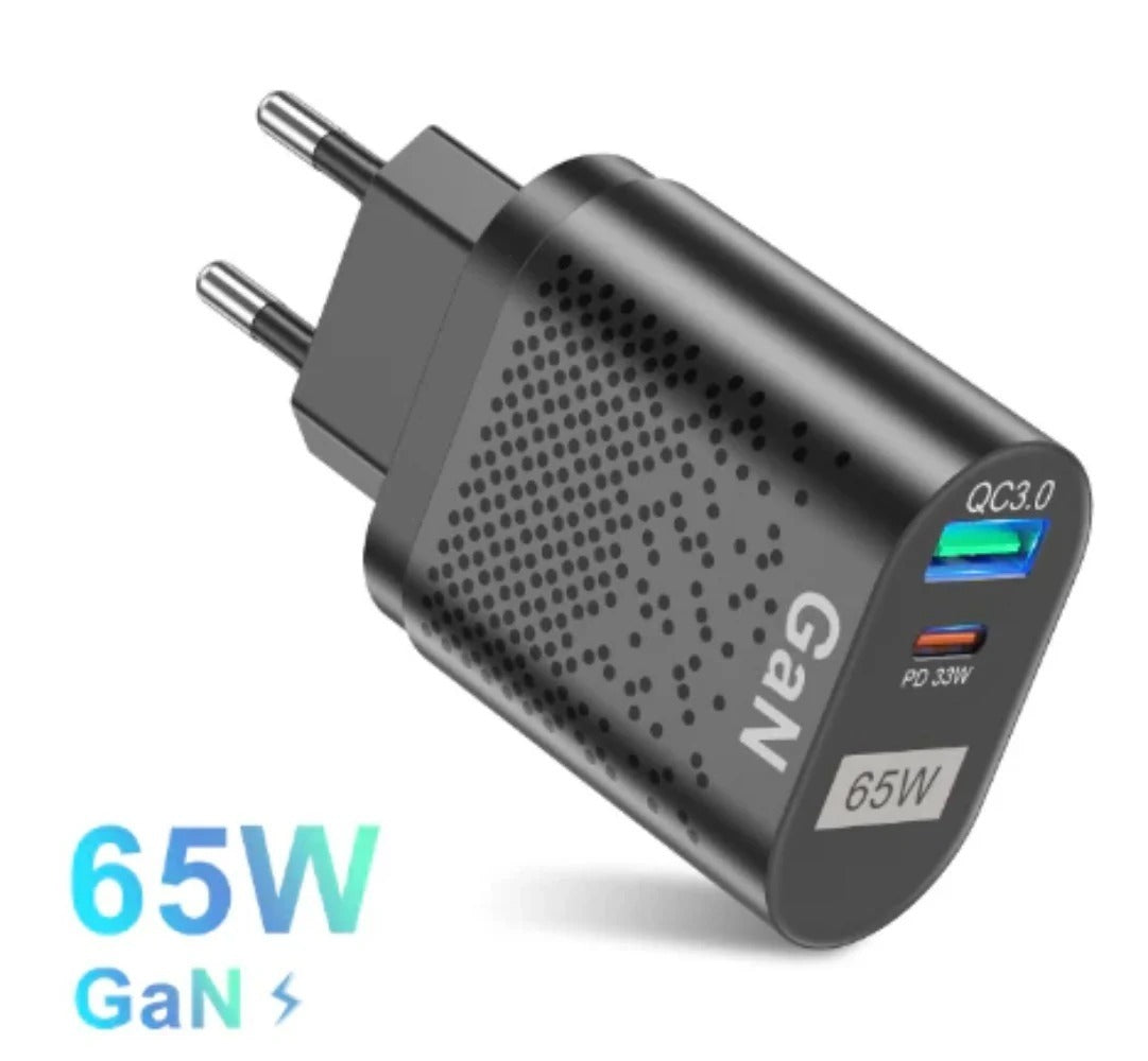 65 W GaN-Wandladegerät, 33 W USB-C PD PPS und USB-A QC3.0-Schnellladung für iPhone, iPad, Samsung, MacBook Air