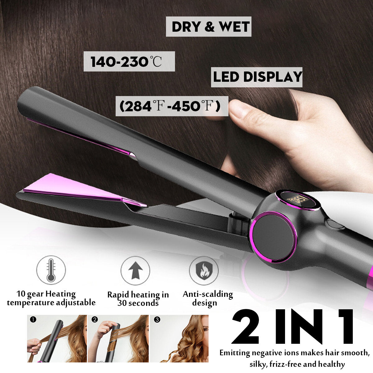 2-in-1 Professional Hair Straightener and Curler with Ceramic Plates for Styling