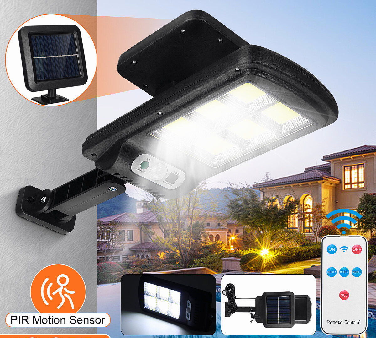 100W Outdoor Solar Street Light - PIR Motion Sensor, LED Lamp, Remote Control, Waterproof IP65