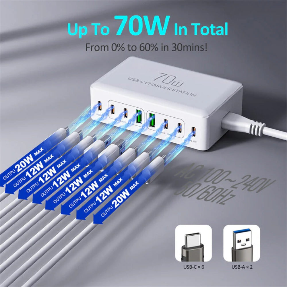 70W 8-Port USB PD Charger: 2 USB-A & 6 USB-C Fast Charging Station for iPhone, Huawei, Xiaomi, Samsung