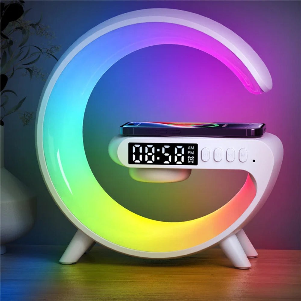 Wireless Charger Stand Speaker with RGB Night Light, Alarm Clock, Fast Charging for iPhone, Samsung, Xiaomi