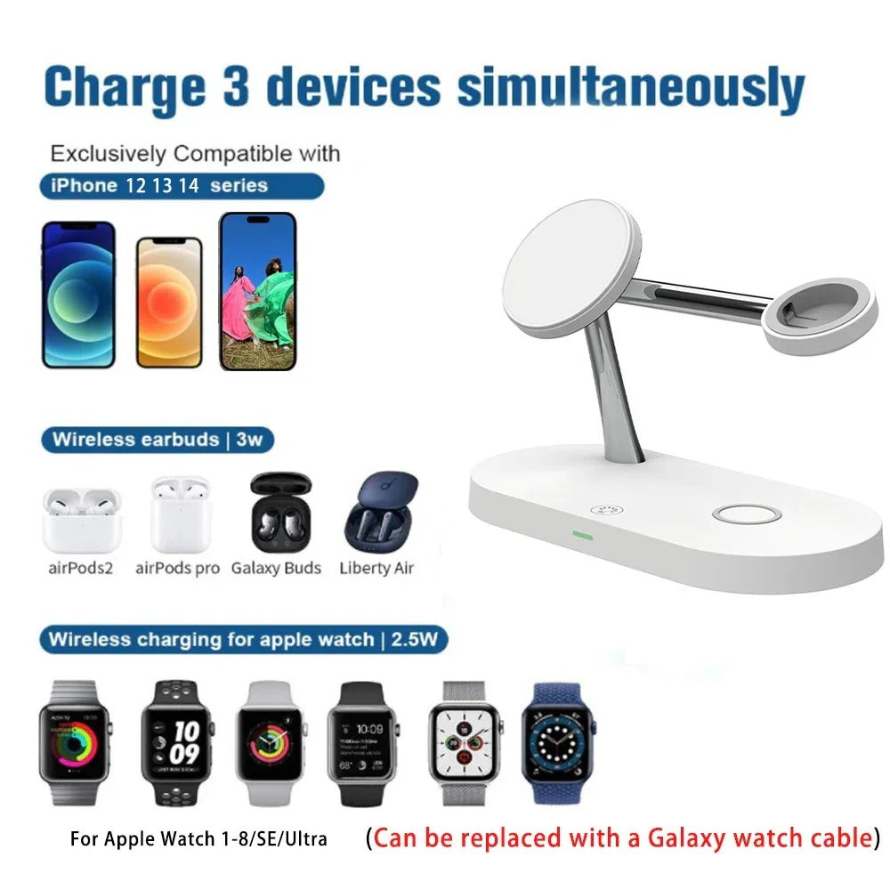 3-in-1 Wireless Charger Stand for iPhone 15/14/13/12 Pro, Samsung, and Apple Watch