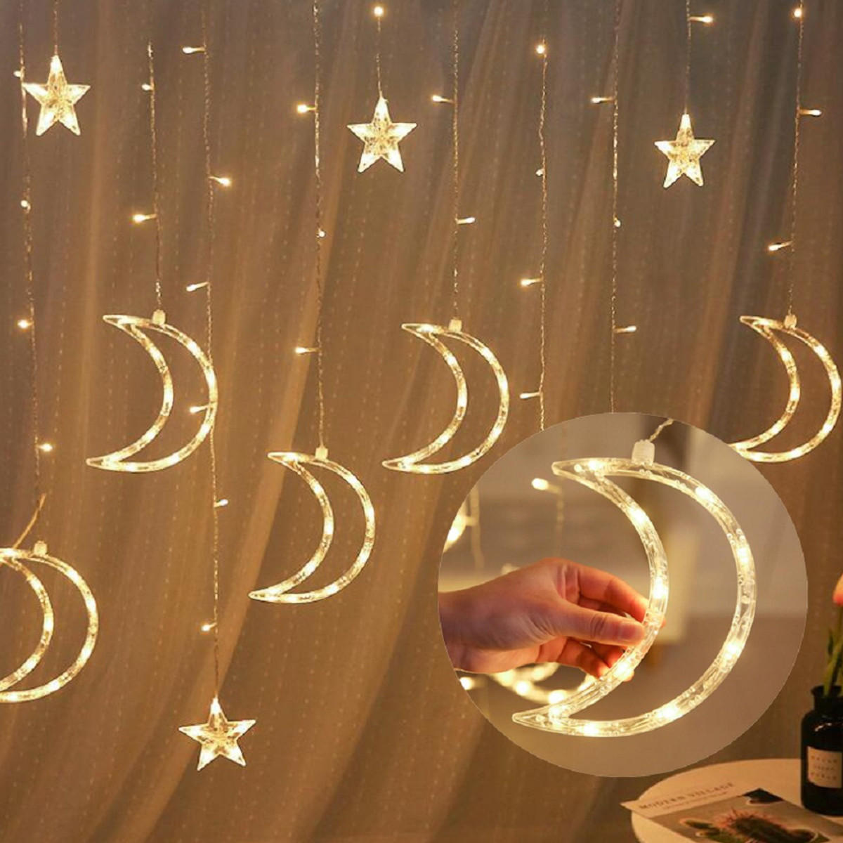 2.5M 3.5M USB LED Moon Star Curtain Fairy String Lights for Christmas, Bedroom, Romantic Decor