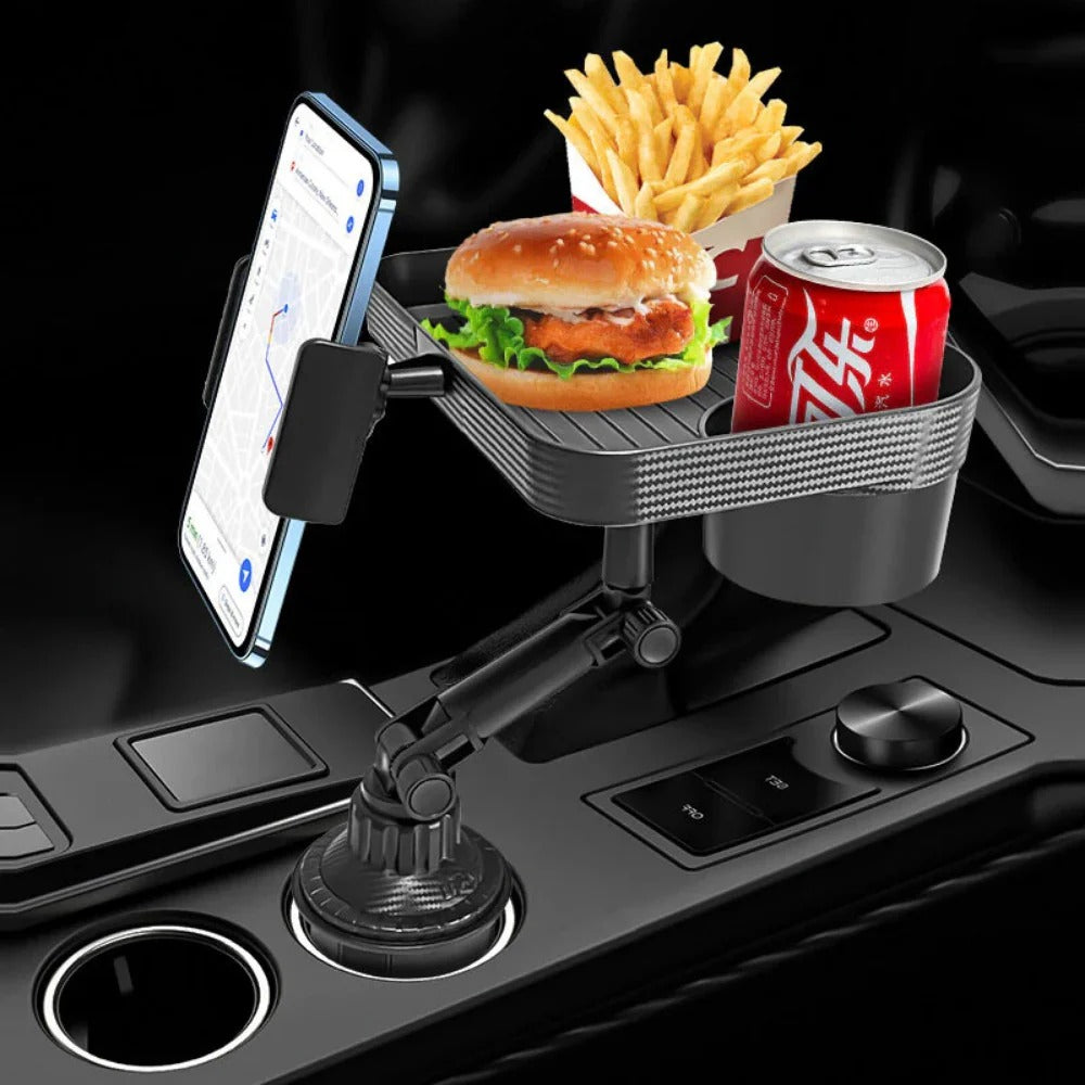 2-in-1 Car Food Tray Table with Detachable Cup Holder & 360 Degree Rotation for Drinks & Phone