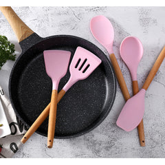 12pcs Wooden Silicone Kitchen Utensil Set - Nonstick Cooking Tools: Spoon, Ladle, Turner, Spatula, Tongs, Baking Gadgets