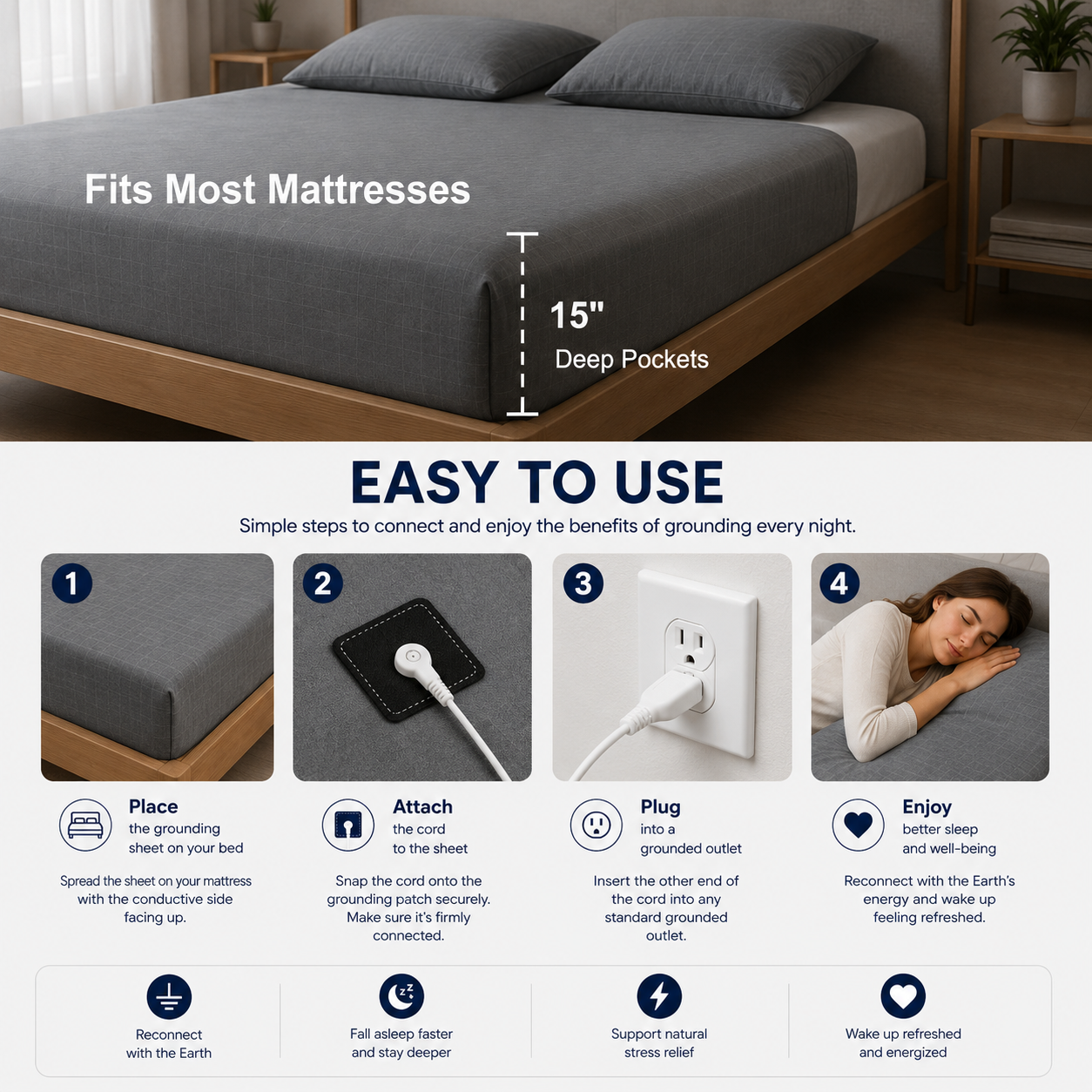 7healthwell EarthSc™ Grounding Fitted Sheet - Japan Standard Sizes - Organic Cotton & Silver Fibre (Grey/White)