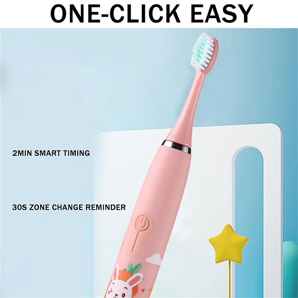 Kids Cartoon Sonic Electric Toothbrush Set with Replacement Heads - Portable Dental Cleaning Device