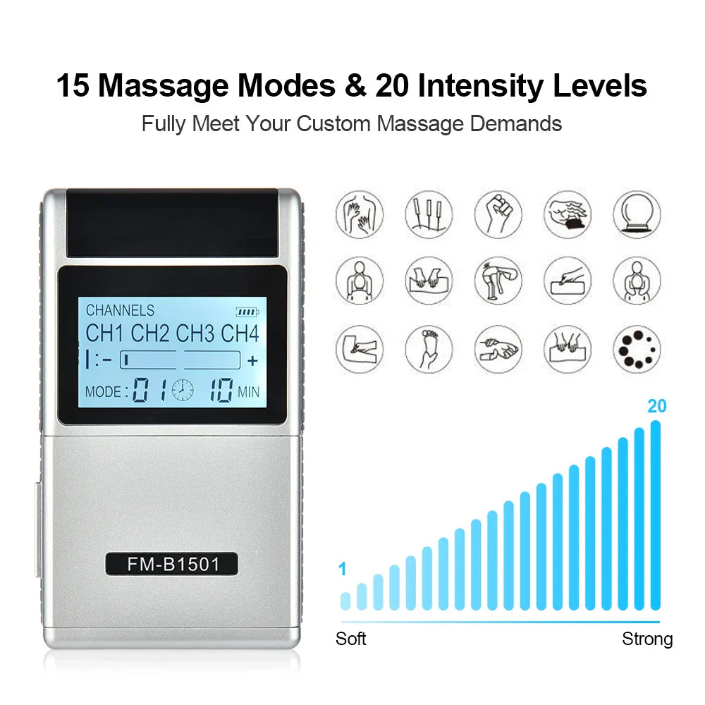 Rechargeable EMS TENS Machine, 15 Modes, Muscle Nerve Stimulator, Physiotherapy Pulse Electrodes, Pain Relief Massager