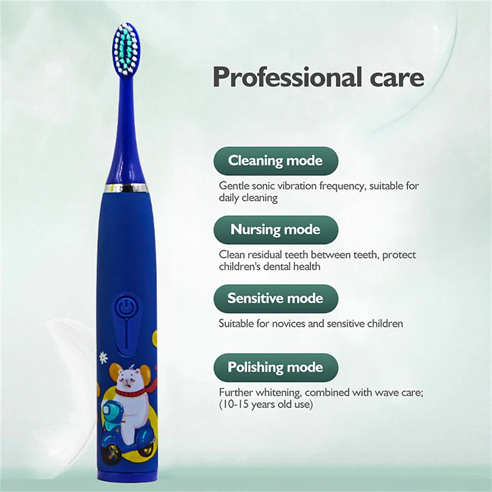 Kids Cartoon Sonic Electric Toothbrush Set with Replacement Heads - Portable Dental Cleaning Device