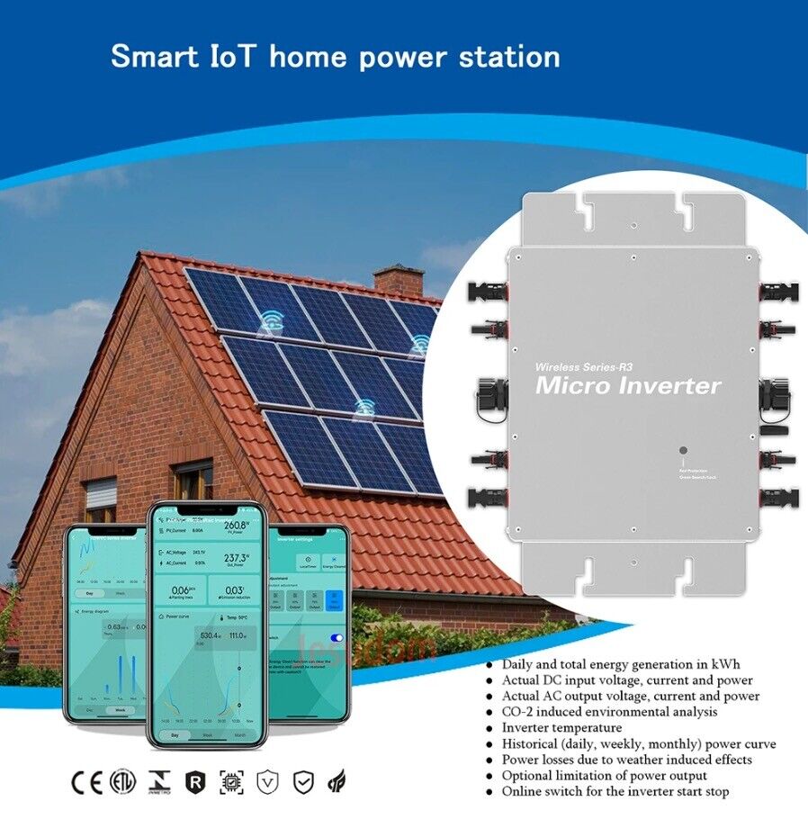 1600W MPPT Solar Grid Tie Micro Inverter, Waterproof, 22-60V, APP Monitoring, 230V