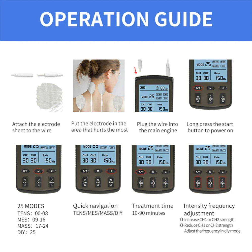 TENS Muscle Stimulator, 25-Mode EMS Acupuncture, Electric Body Massage, Digital Therapy Slimming Machine