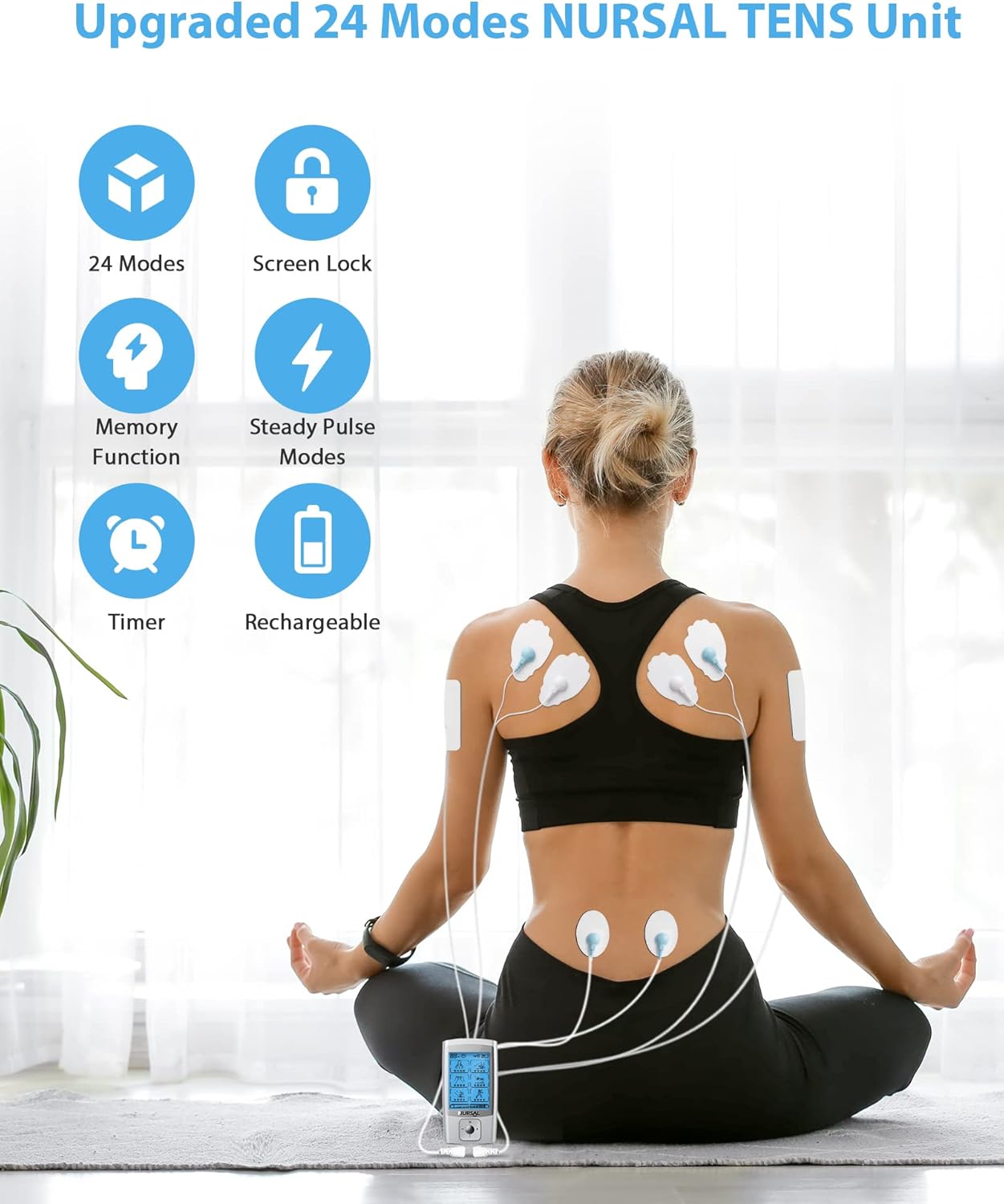 TENS Unit Muscle Stimulator, 24 Modes, Continuous Stimulation, Rechargeable, 8 Pads for Back & Shoulder Pain Relief