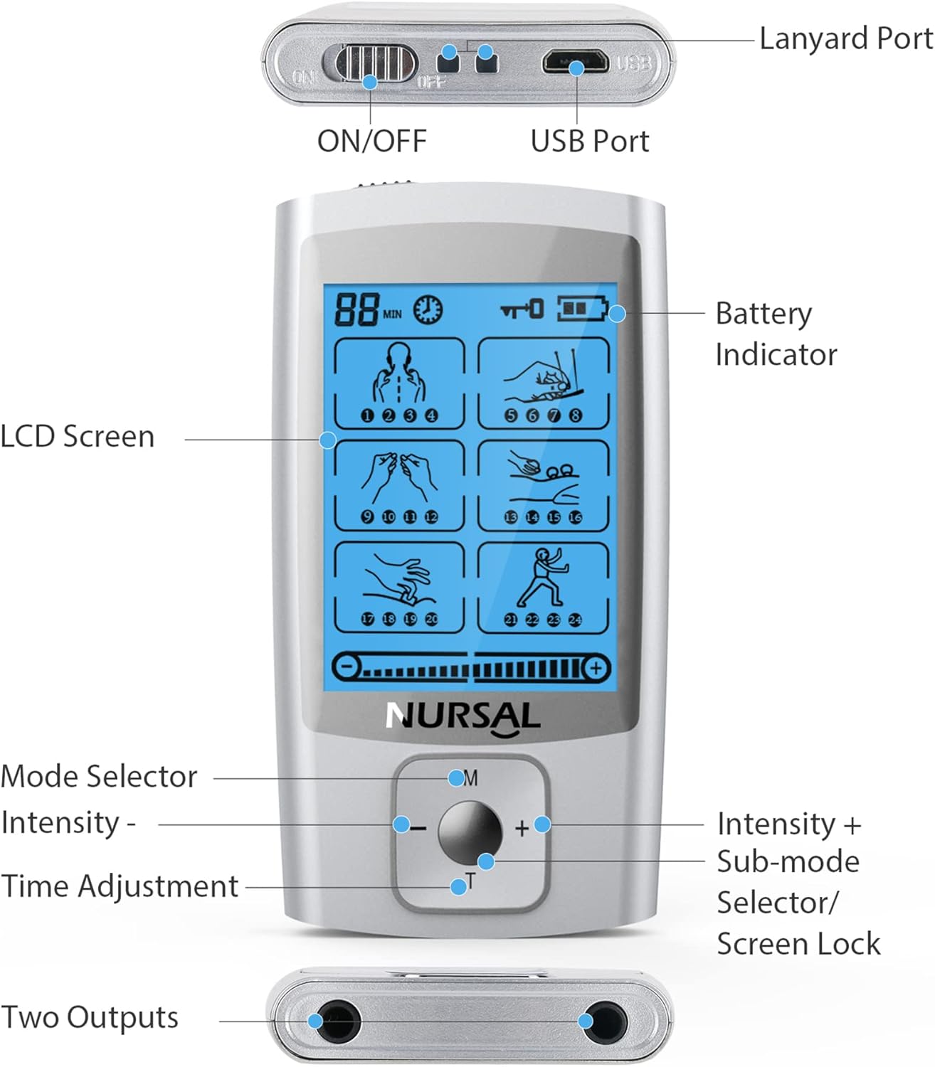 TENS Unit Muscle Stimulator, 24 Modes, Continuous Stimulation, Rechargeable, 8 Pads for Back & Shoulder Pain Relief