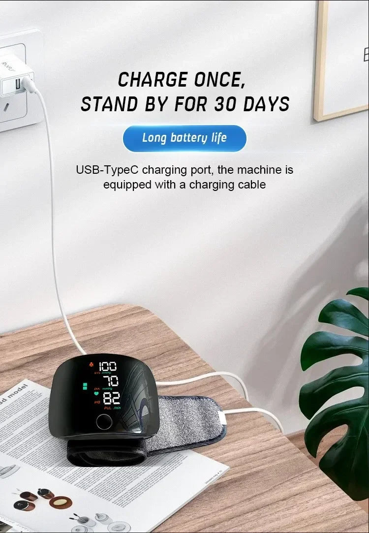 USB Rechargeable Wrist Blood Pressure Monitor with LED Display, Fast Measurement, Heart Rate Detection