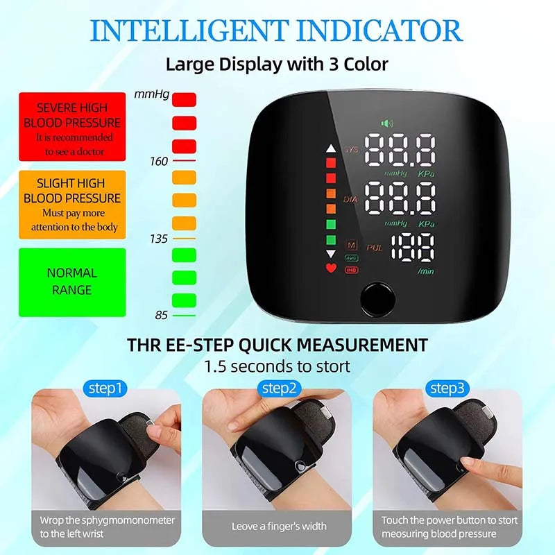 USB Rechargeable Wrist Blood Pressure Monitor with LED Display, Fast Measurement, Heart Rate Detection
