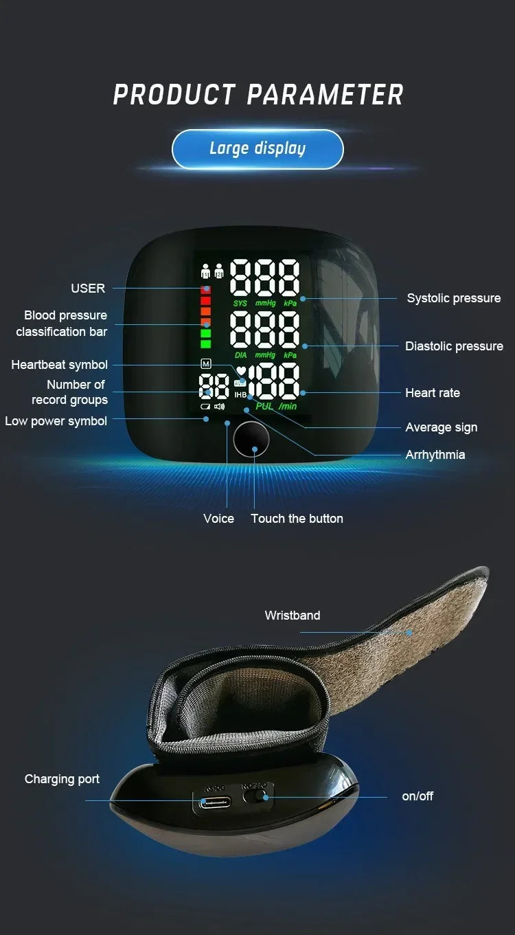USB Rechargeable Wrist Blood Pressure Monitor with LED Display, Fast Measurement, Heart Rate Detection