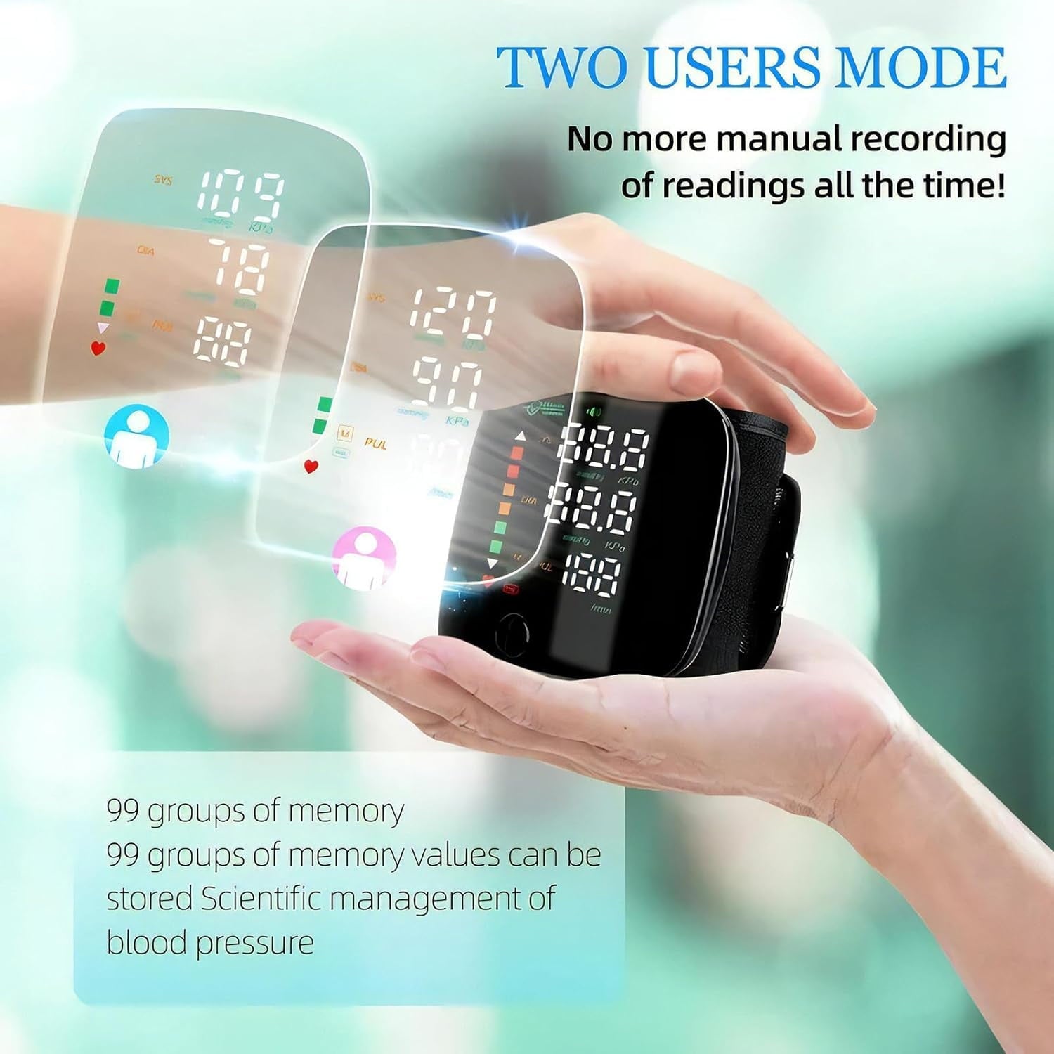 Wrist Blood Pressure Monitor with LED Display, Touch Screen, 99x2 Memory, and Carrying Case