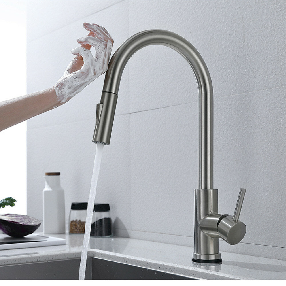 Brushed Nickel Stainless Steel Kitchen Faucet with 360 Degree Rotation, Smart Touch Sensor, Pull-Out Hot/Cold Water Tap