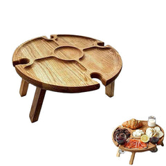 Wooden Outdoor Folding Picnic Table with Wine Glass Holder - Round Collapsible Desk for Camping and Parties