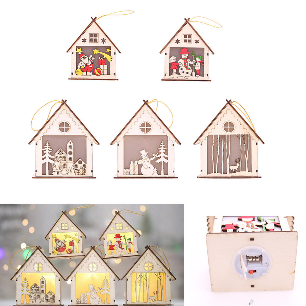 Christmas LED Wood House Light - Santa Claus Tree Hanging Ornaments Holiday Decoration