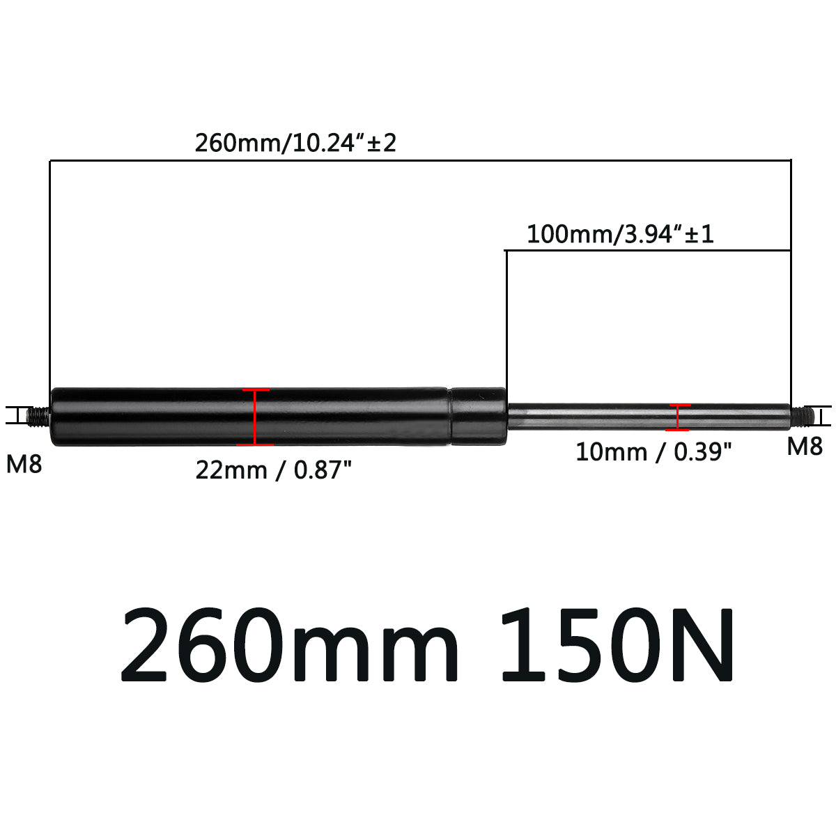 150N Universal Gas Spring Lift Supports for Car, RV, Caravans - Available in 260mm to 860mm Lengths