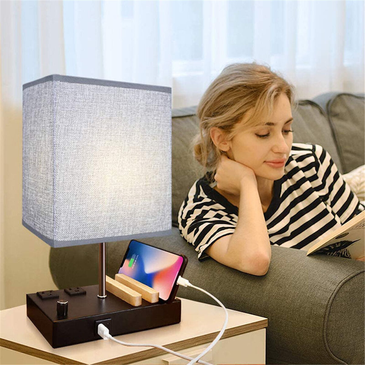 Dimmable Grey Table Lamp with 2 Phone Stands, USB Ports & AC Outlets - Perfect Bedside Lamp