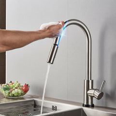 Brushed Nickel Stainless Steel Kitchen Faucet with 360 Degree Rotation, Smart Touch Sensor, Pull-Out Hot/Cold Water Tap