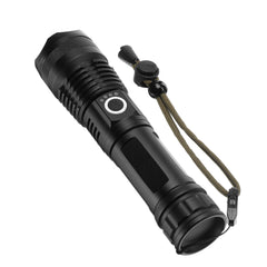 LED Zoomable Flashlight Set with 26650 Battery, USB Cable, Power Display, and Rechargeable Searchlight Torch