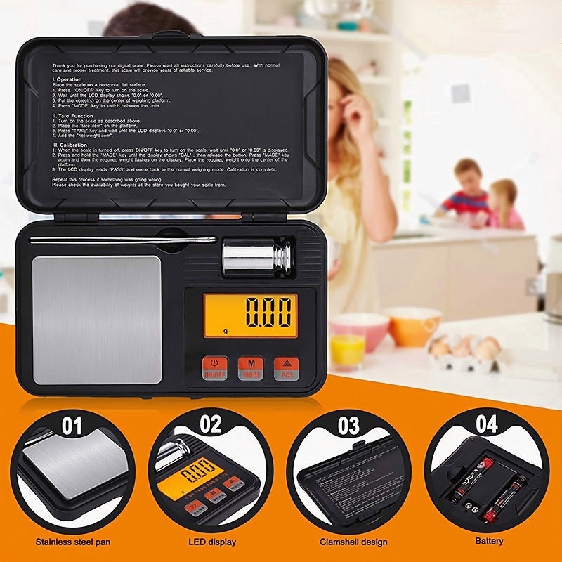 Mini Portable Electronic Scale with Tweezers, LCD Light & 50g Calibration Weight