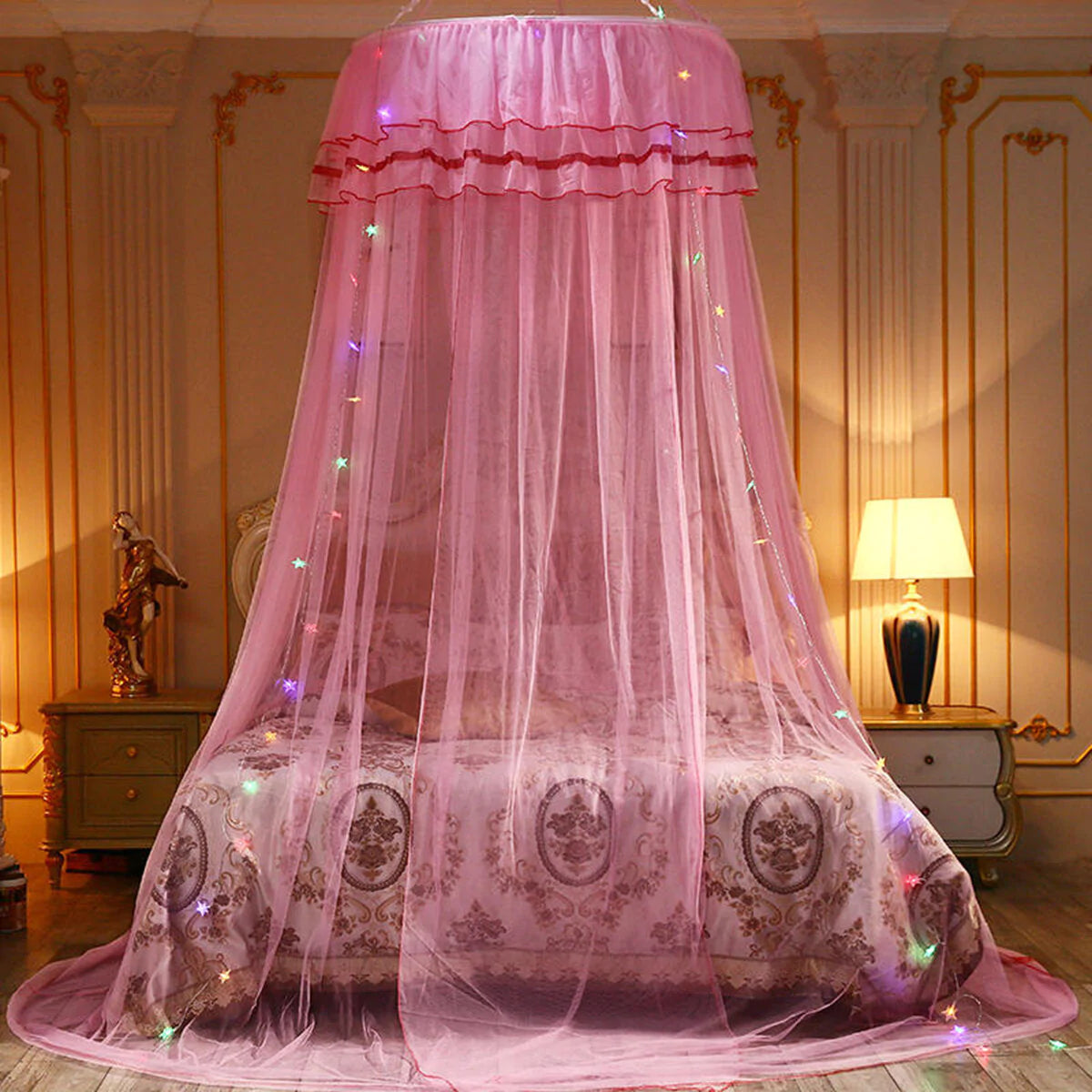 Princess Dome Mosquito Net Bed Canopy with Lace and LED Lights - Bedroom Decor