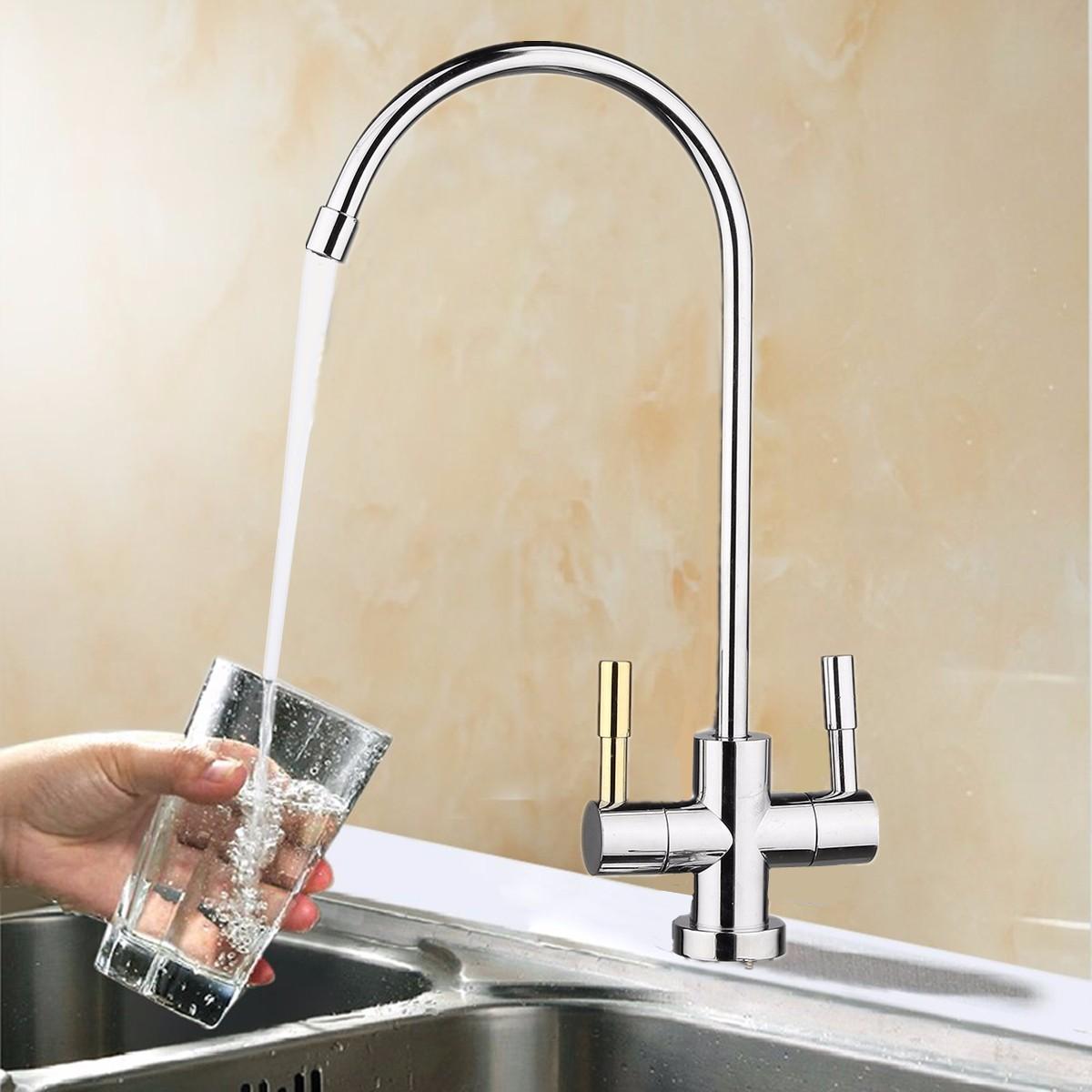 1/4'' Double Hole Chrome RO Reverse Osmosis Kitchen Sink Drinking Water Filter Faucet