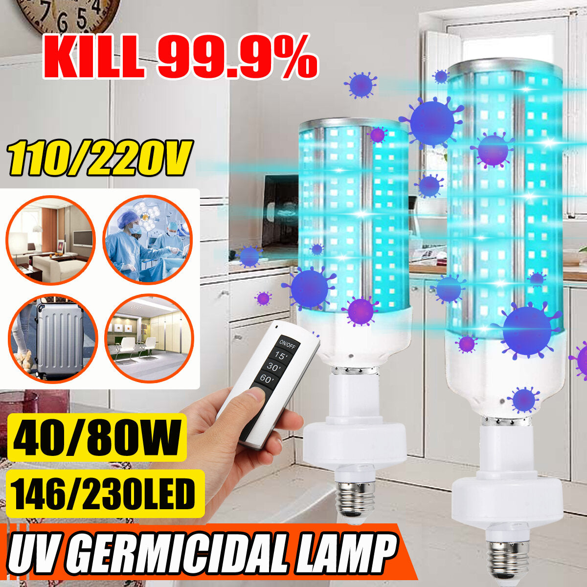 Ultraviolet Germicidal Lamp 40W/80W E27 LED UVC Bulb with Ozone Disinfection + AC110V/220V Lampholder for Household Use