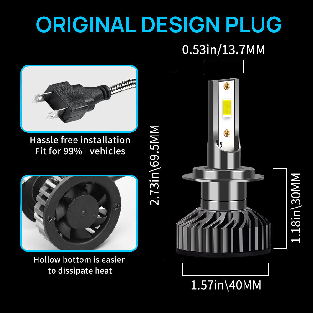 2PCS 60W LED Car Headlight Bulbs, Waterproof, 6600LM, 6500K Brightness