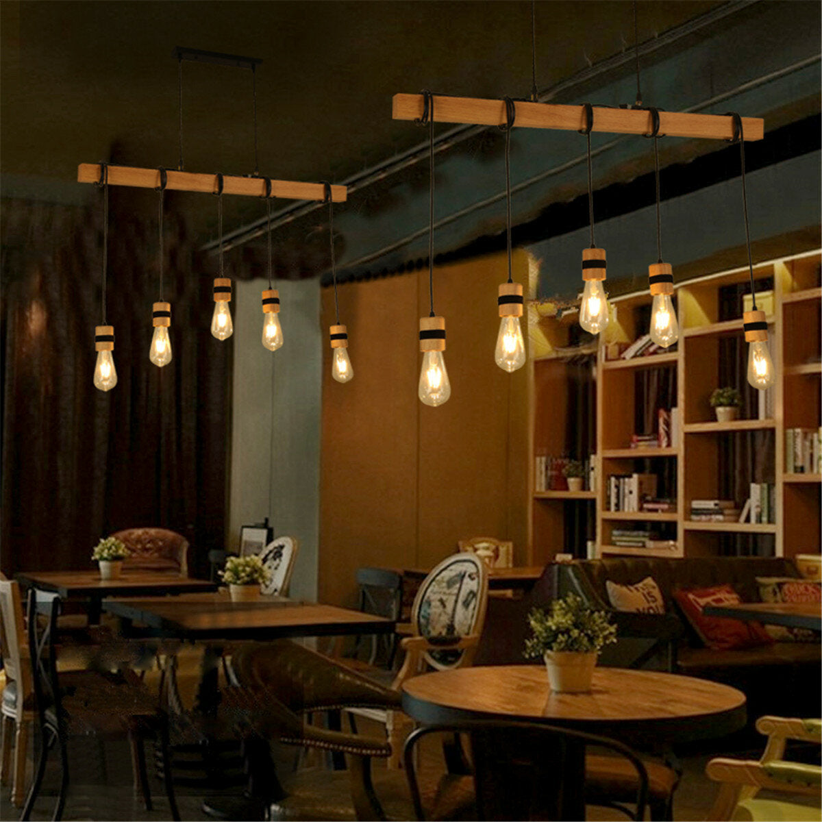 Industrial Wooden Pendant Light Fixture, AC85-265V Ceiling Lamp Chandelier, Bulb Not Included