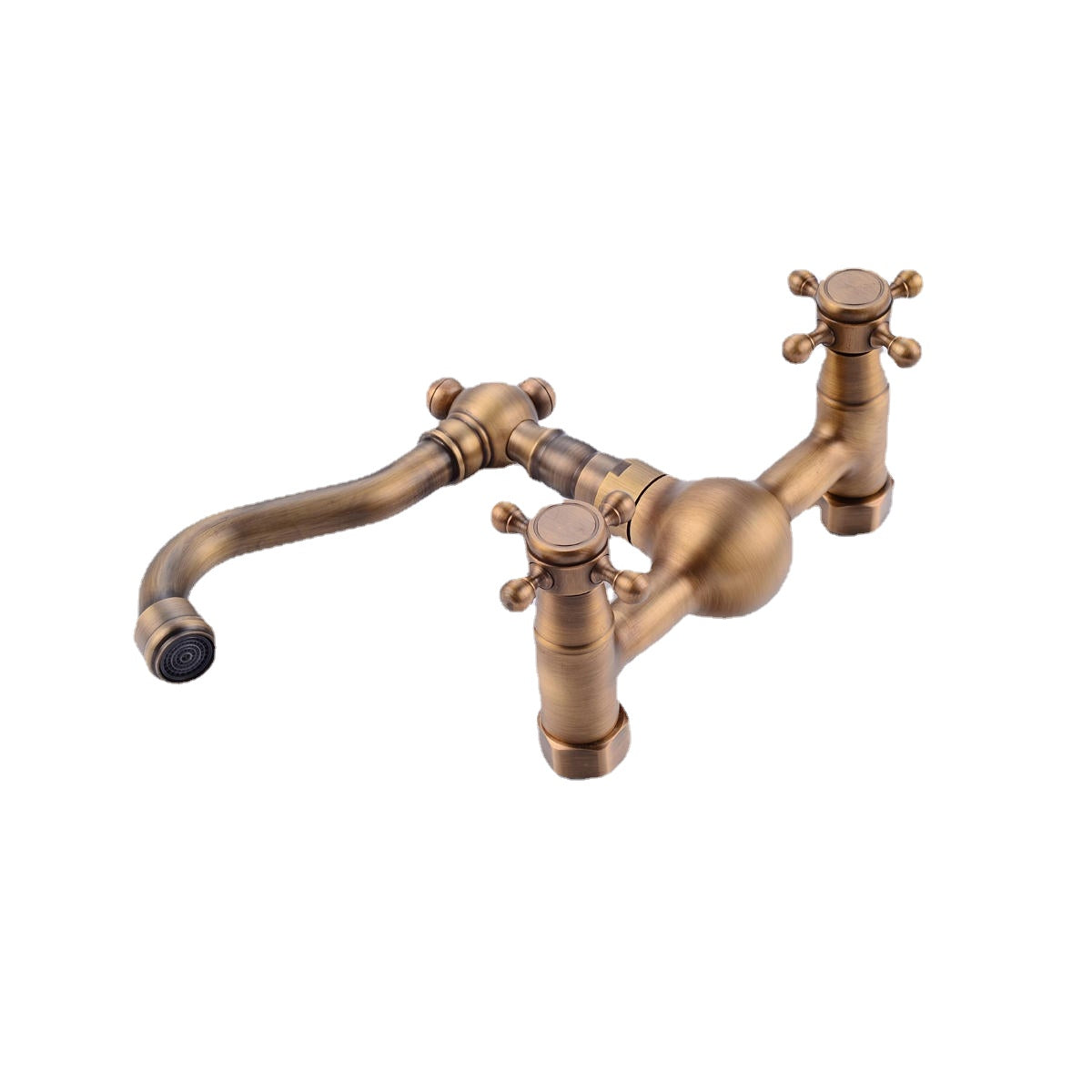 European Pure Copper Double Handle Wall-Mounted Kitchen Faucet, 360 Degree Rotation, Hot & Cold Water