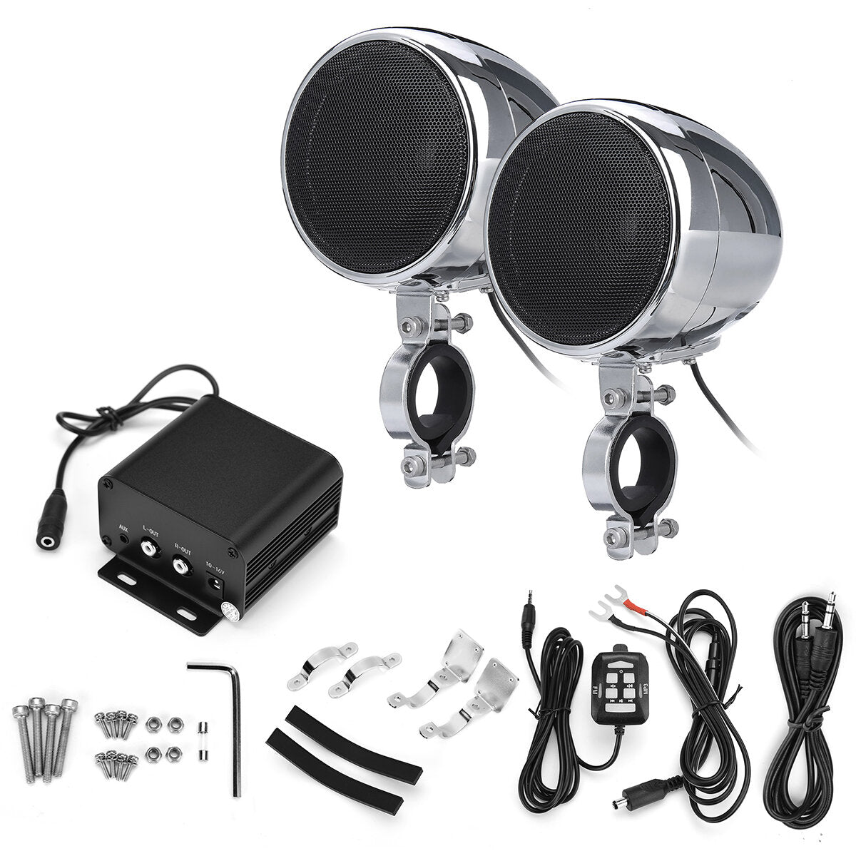 300W 4" Silver/Black Motorcycle Bluetooth Speakers, FM Radio, Waterproof Stereo for ATV/UTV/Cart