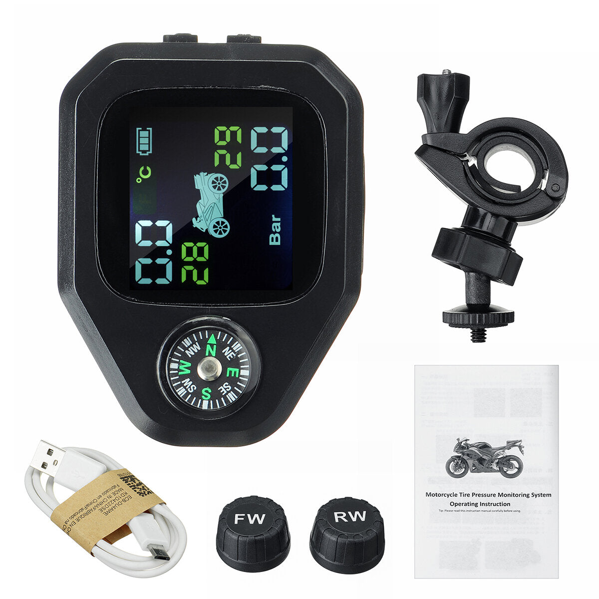Waterproof Motorcycle Compass TPMS with LCD Display and 2pcs Sensors - Tire Pressure Monitoring and Alarm System