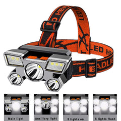 5LED Bright Portable Headlamp - USB Rechargeable, Built-in 18650 Battery, Lightweight Flashlight for Outdoor Work & Camping