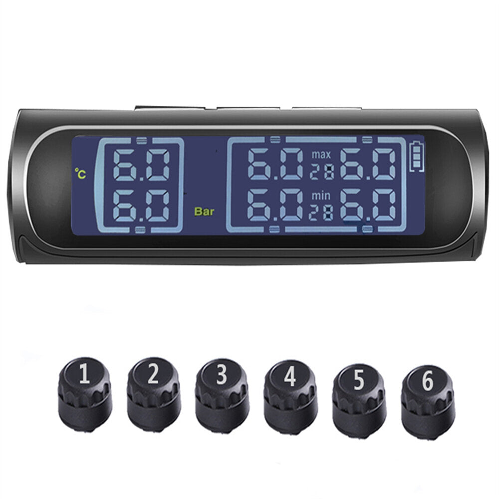 Solar TPMS Tire Pressure & Temperature Monitor, 6 External Sensors, 0.1-18bar, for Truck/RV, 6-Wheel Light Truck