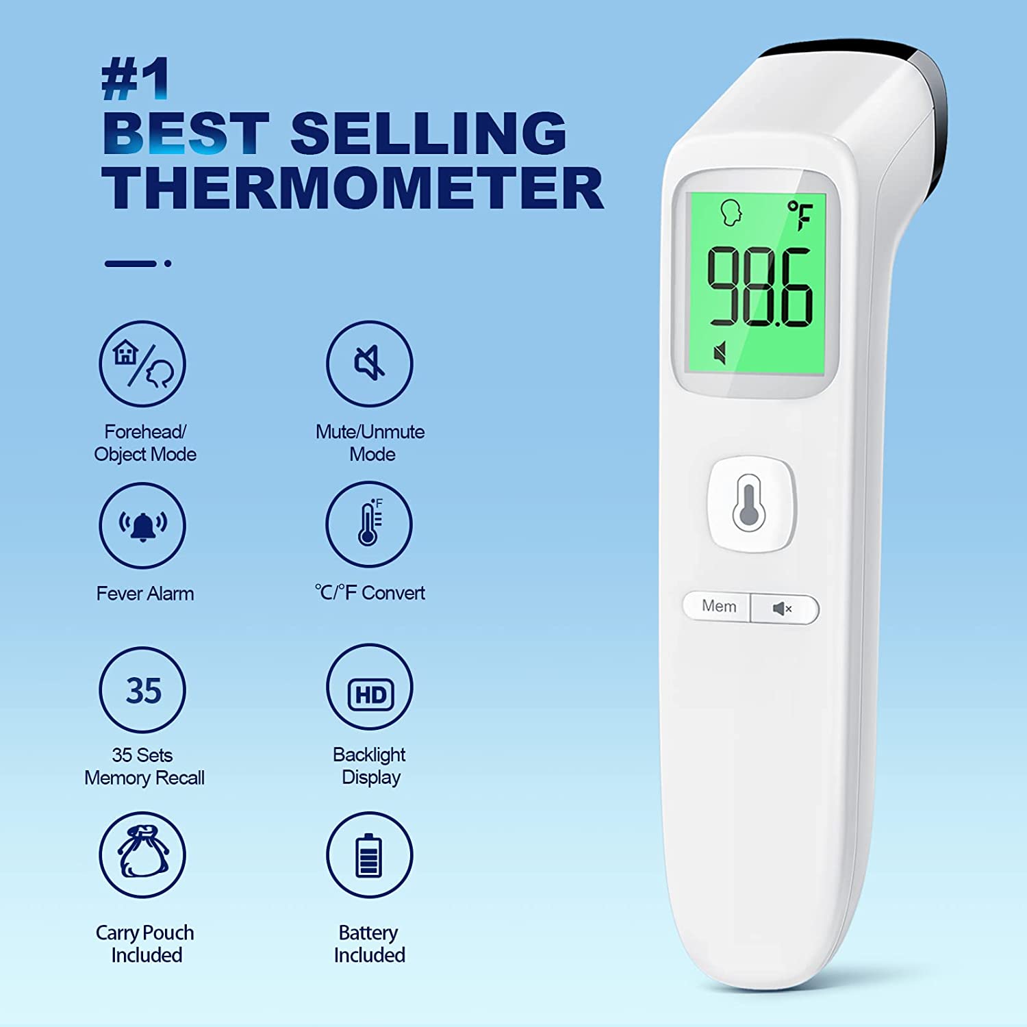 Stirnthermometer für Babys und Erwachsene mit Fieberalarm, LCD-Display und Speicherfunktion