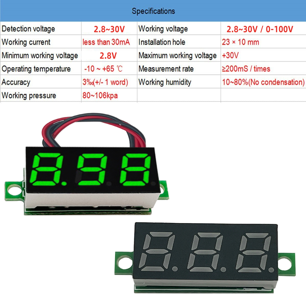 0.28in DC LED Digital Voltmeter, 0-100V, Auto Car Mobile Power Voltage Tester