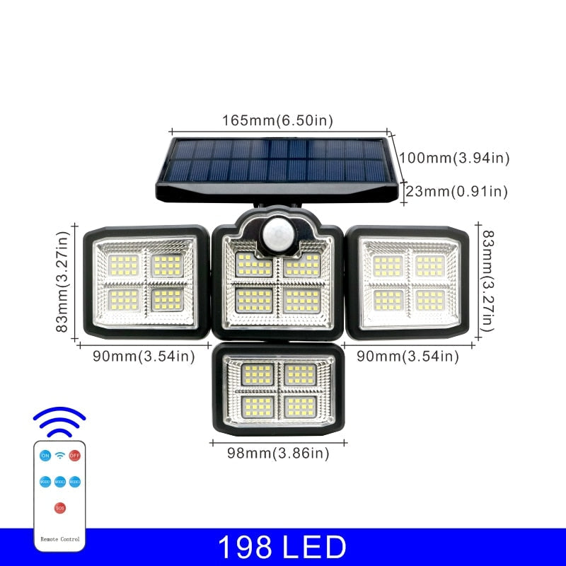 192/198 COB LED Solar Lights Outdoor, 4 Head Motion Sensor, Waterproof, 3 Modes, Remote Control, Patio Garden Wall Lamp