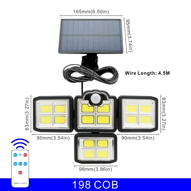 192/198 COB LED Solar Lights Outdoor, 4 Head Motion Sensor, Waterproof, 3 Modes, Remote Control, Patio Garden Wall Lamp